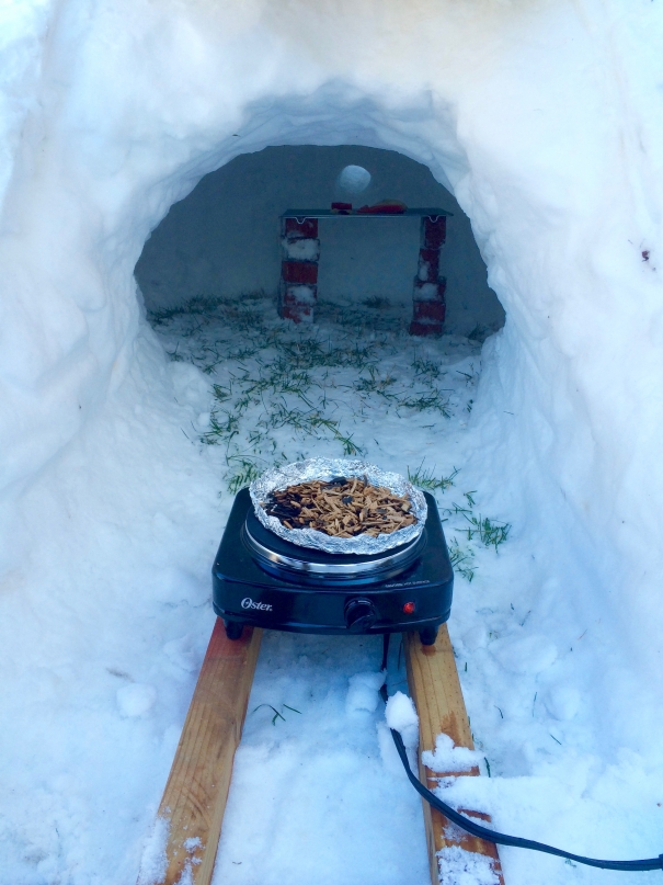 Looking inside the igloo; notice the oculus position, setup for generating smoke, and food on rack
